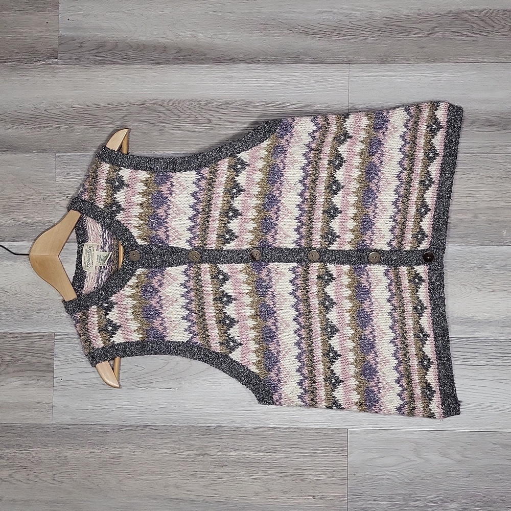 St John's Bay Women L Vintage Knit Multicolor Stripe Button Sweater Vest Wool